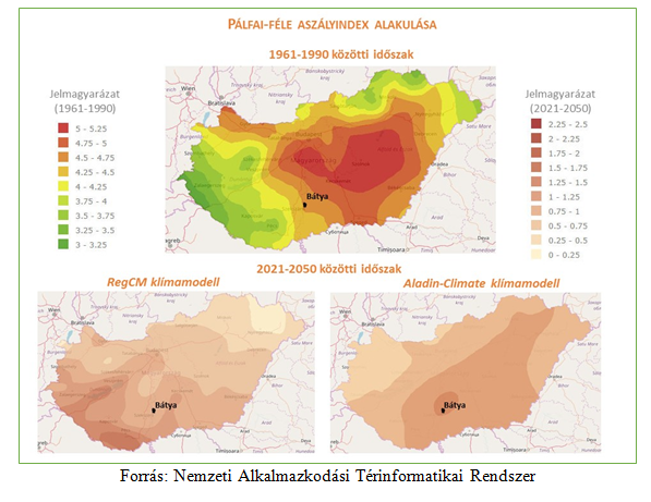 Changes in P&aacute;lfai&rsquo;s drought index from 1961-1990 and expected changes from 2021-2050