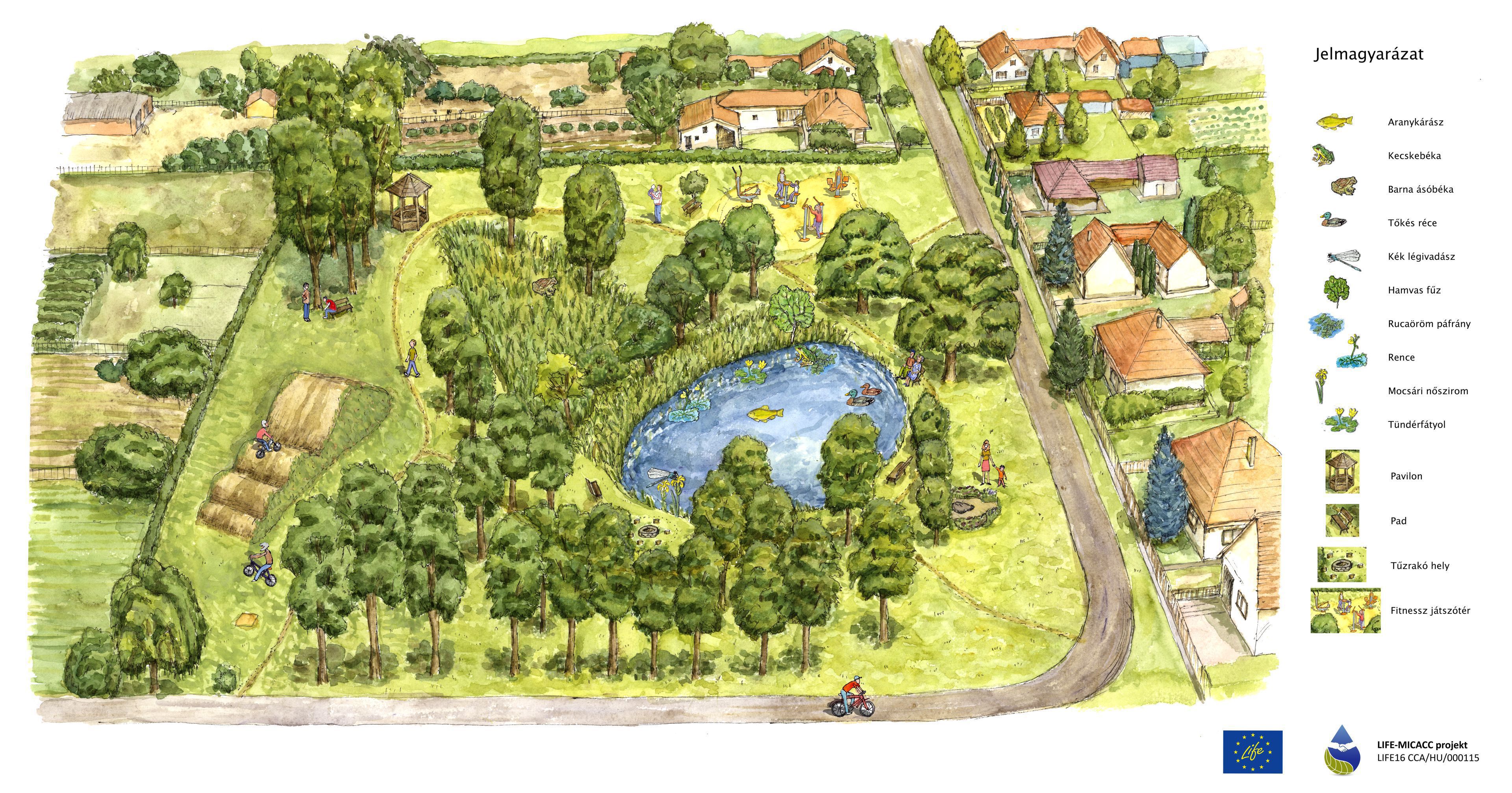 Fantasy plan of a pond created by preserving decanted water in the D&oacute;zsa Park in Ruzsa (Created by Kinga Csaba, Csilla Ruzics)